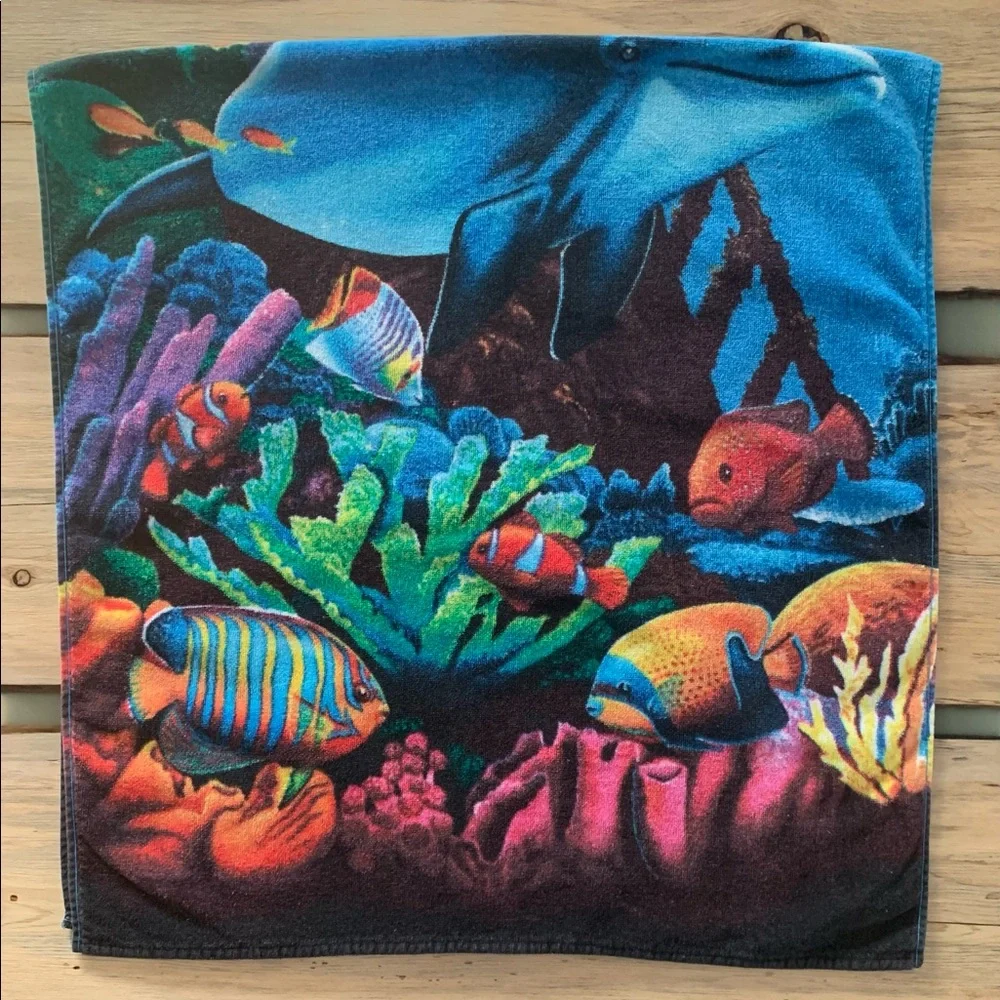 Vintage Basion Shipwreck Dolphins Fish Coral Reef Scene Beach Towel Greece